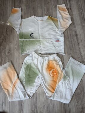 Men's White Tie-Dye Sweatshirt & Joggers Set - White with Orange & Green